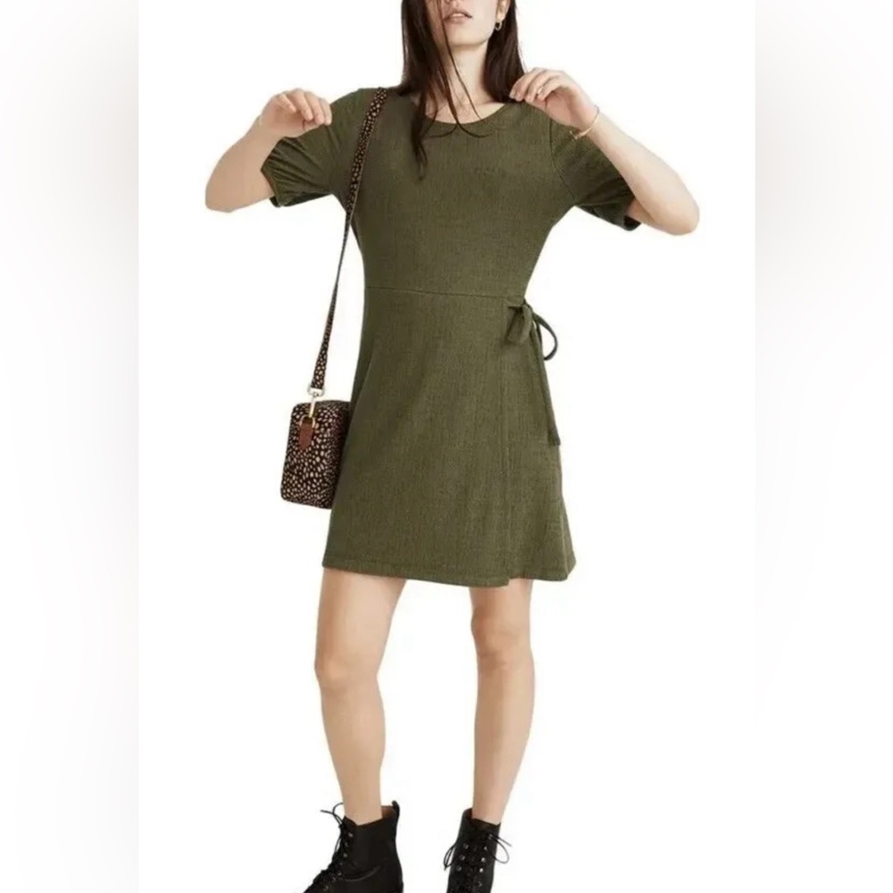 Madewell Crosshatch Puff-Sleeve Faux-Wrap Mini Dress in Green Size S